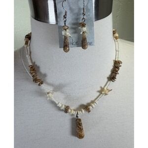 Real‎ Snake Bone Necklace Earring Set 16" - Polished Stone & Shell - Handcrafted